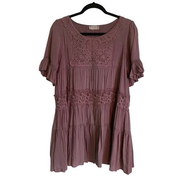 Altar'd State Mauve Purple Short Sleeve Lace Swing Mini Boho Dress Size Small - Picture 1 of 5